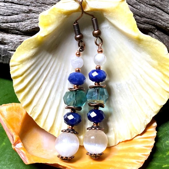 Selenite Blue Fluorite Sodalite Copper Earrings - Picture 4 of 8
